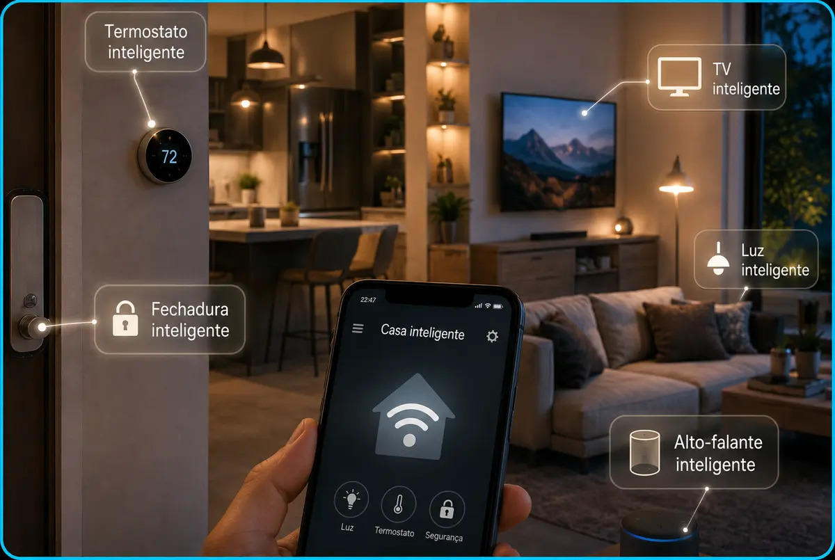 Sala com termostato, fechadura, TV, iluminação e alto-falante inteligentes