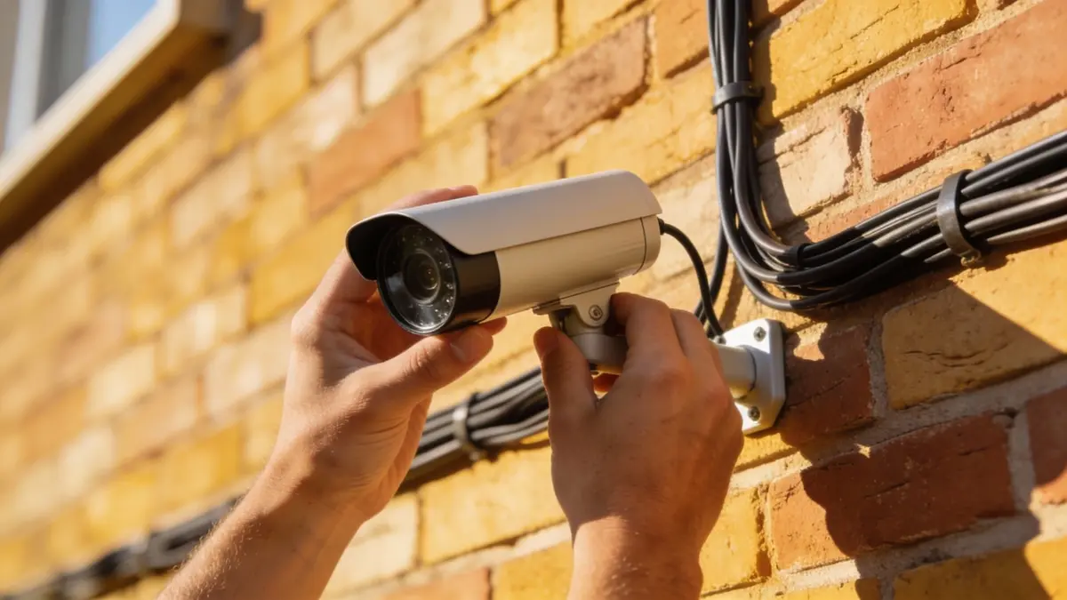 Técnico instalando uma câmera externa de monitoramento empresarial